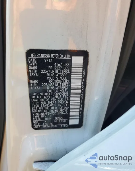 2013 Nissan Juke S из США, поврежденный, VIN JN8AF5MV2DT230766